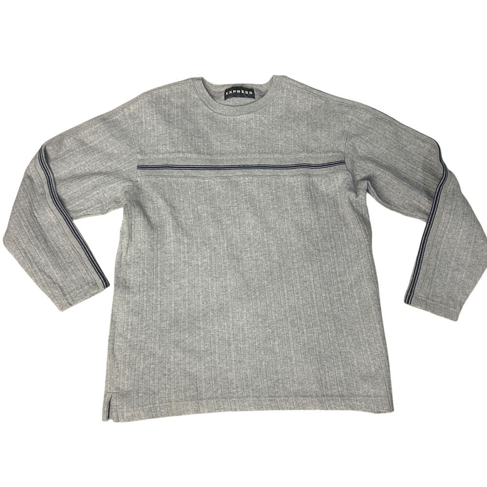 Express Mens Y2K Skater Ribbed Long Sleeve‎ Gray Crew Neck